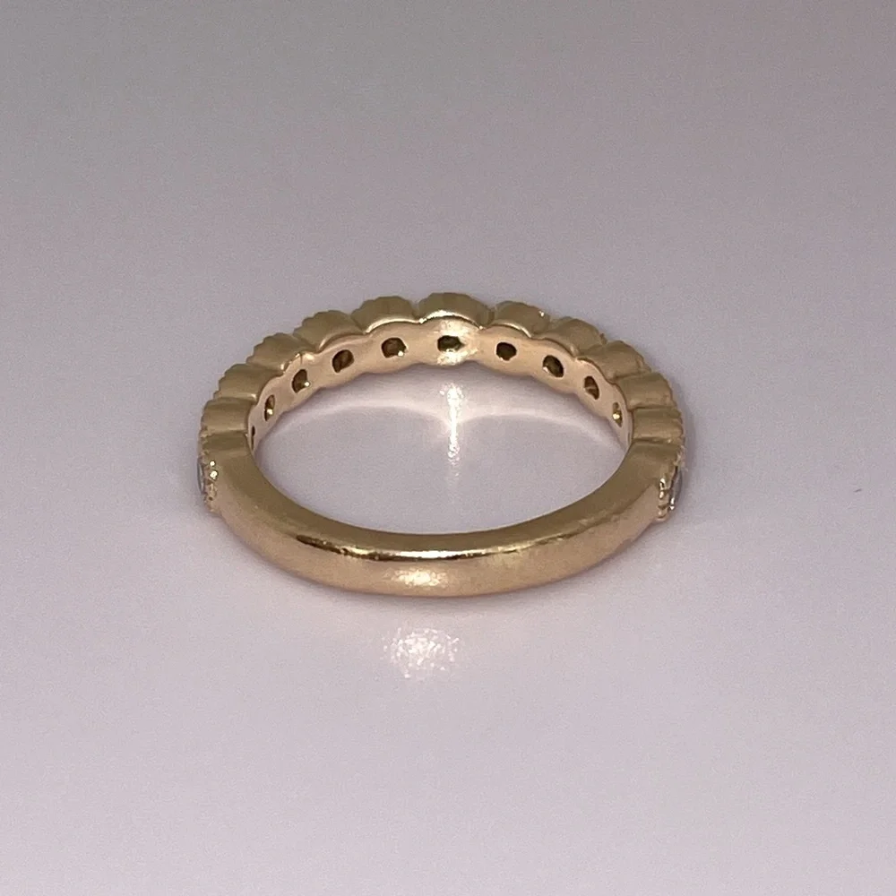 Solid Stamped 14K Yellow Gold Natural Diamond Semi Eternity Round Bead Band Ring